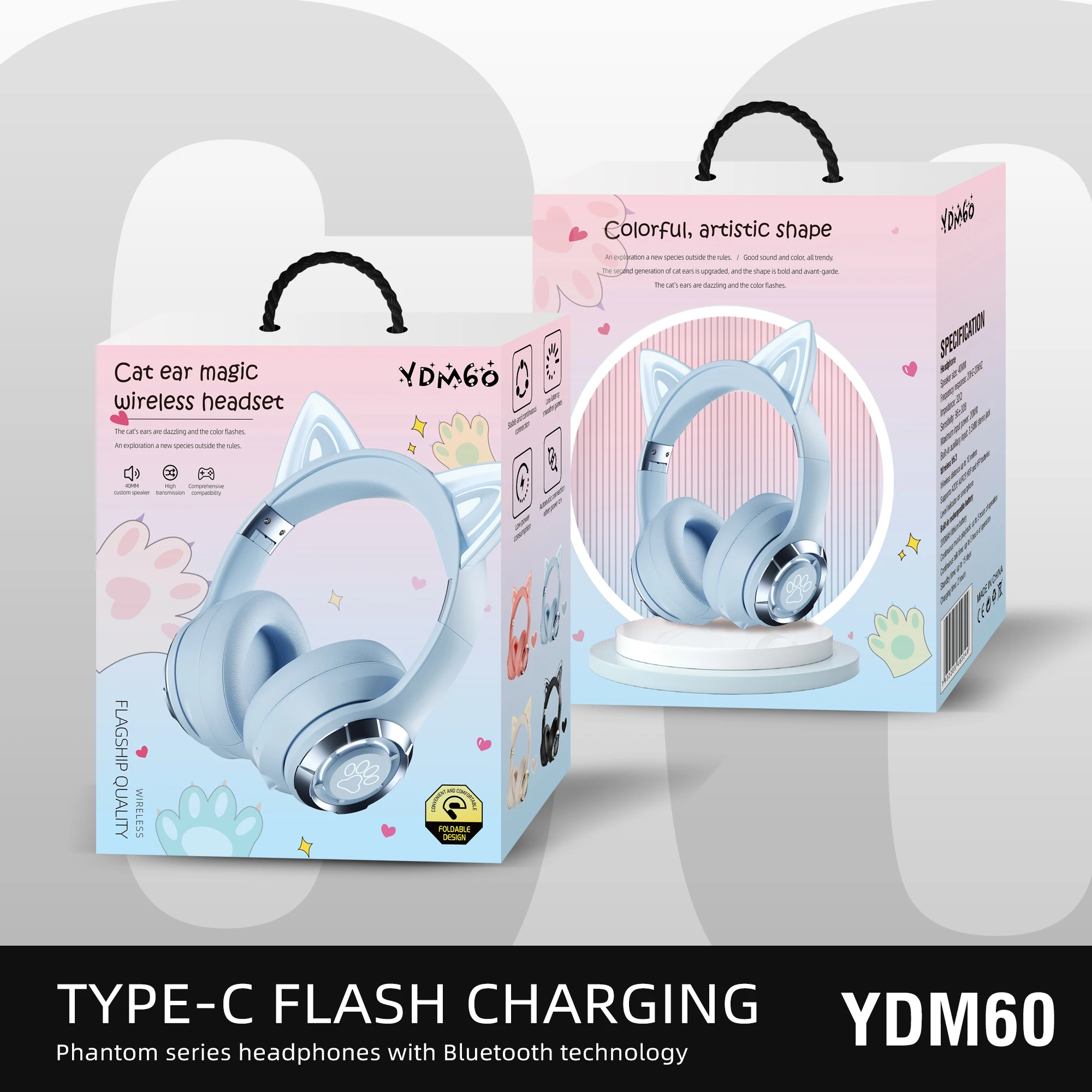 LED YDM60 Cat Ear Head mounted Bluetooth Earphones Color Folding High Sound Noise Reduction Leisure Sports Sleep Aid Earphones - Image 6