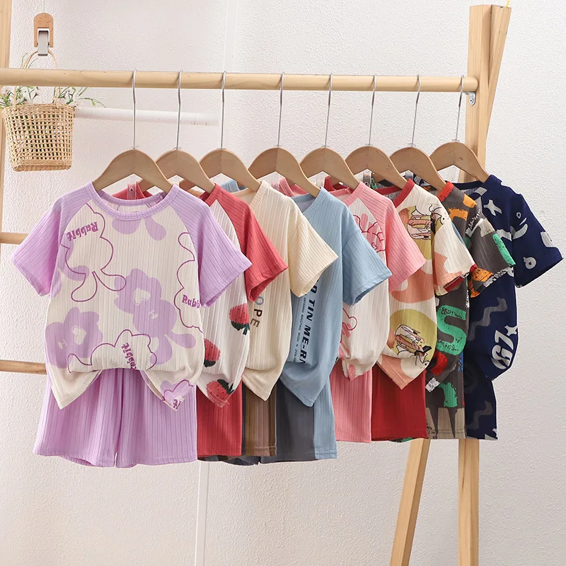 2 pieces for boys and girls pajamas Summer parent-child thin short sleeve cute neutral children's set Cute Children's homewear - Image 4