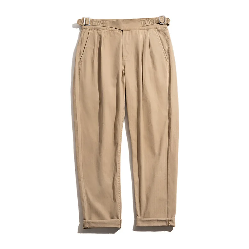 Maden Vintage Adjustable High Waist Gurkha Pants Men's Casual Double Pleated Straight Tapered Pants Amekaji Cotton Trousers - Image 5