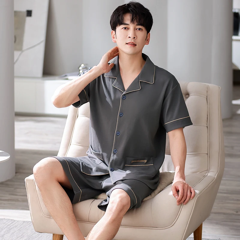 L-4XL Summer Lapel Pyjamas Knited Cotton Men's Pajamas Sets Short Sleeve Shorts Sleepwear Pyjamas Night Pijamas Homewear PJ - Image 2