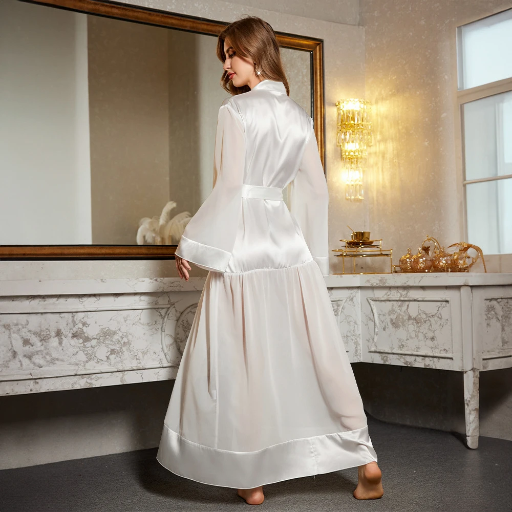 Female Long Robe Sexy White Mesh Patchwork Nightgown Kimono Bathrobe Dressing Gown New Elegant Silky Satin Home Dress Loungewear - Image 3