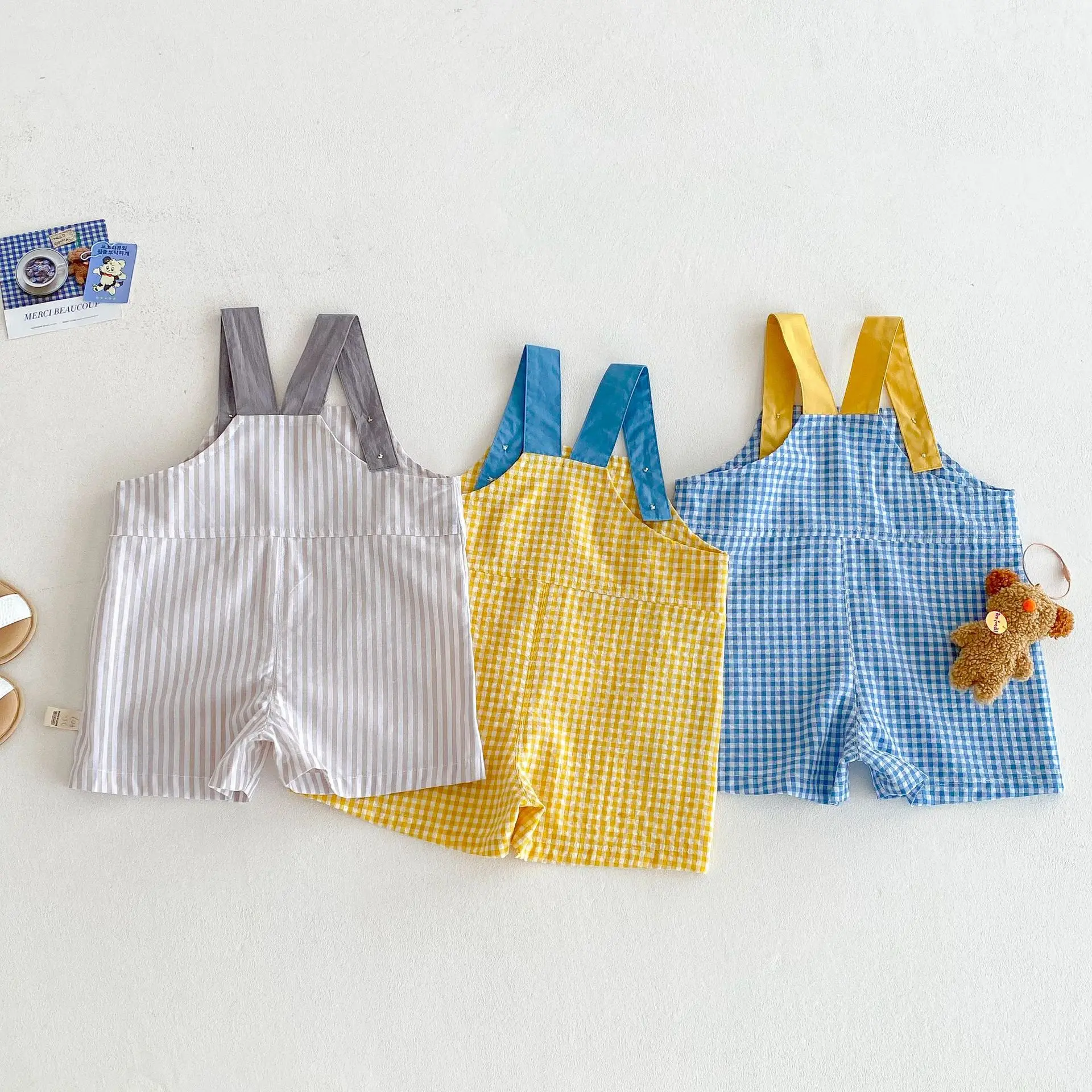 2025 New Summer Kids Checkered Overalls Unisex 98% Cotton with Bear Embroidery Toddler Boys Girls Casual Pants - Image 2
