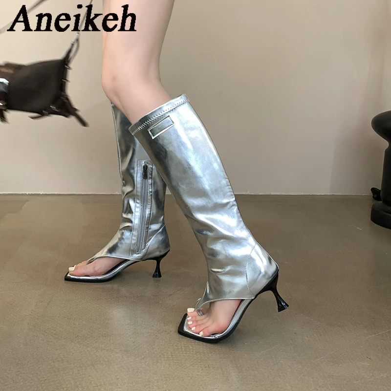 Aneikeh 2025 Sexy PU Square Head Clip Toe Sandals Boots Women's Thin Heel Side Zipper Sewing Chelsea Knee High Boots Party Ball - Image 6
