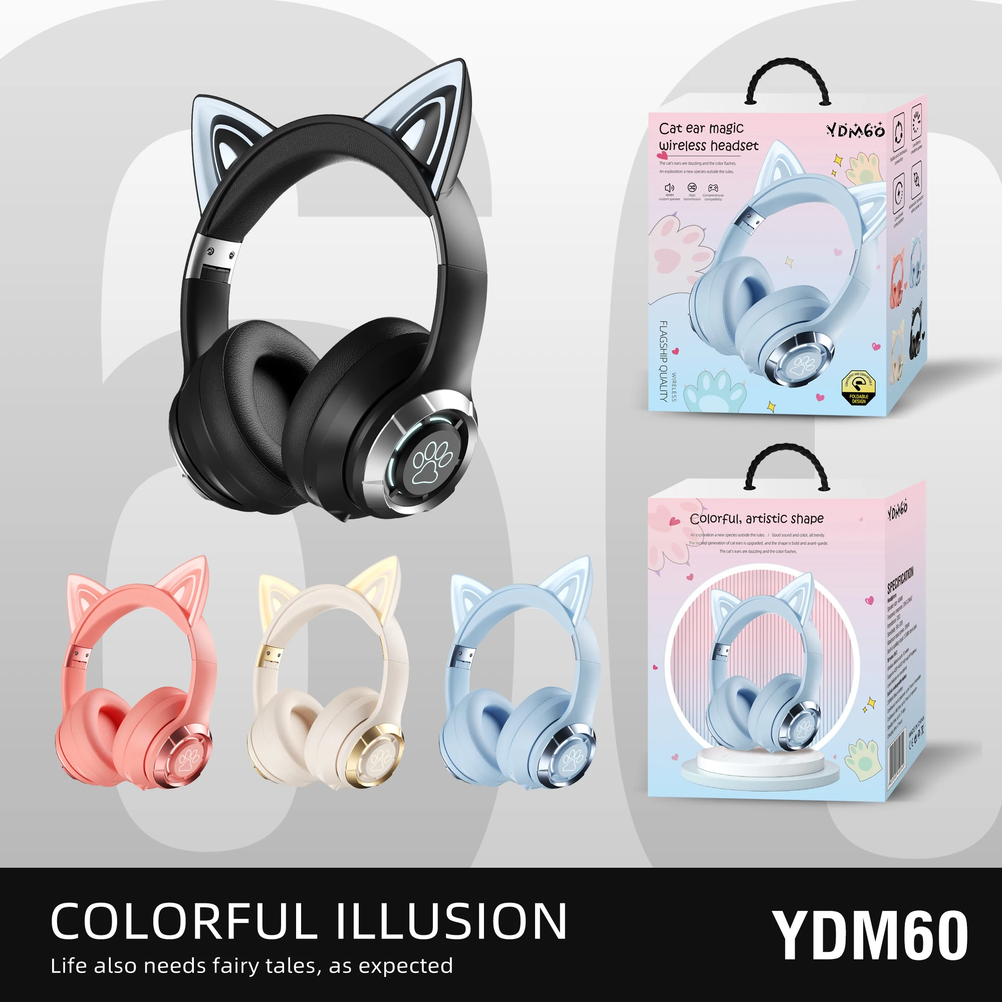 LED YDM60 Cat Ear Head mounted Bluetooth Earphones Color Folding High Sound Noise Reduction Leisure Sports Sleep Aid Earphones - Image 2