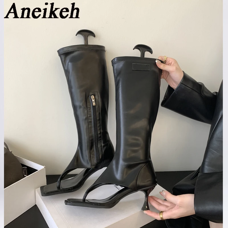 Aneikeh 2025 Sexy PU Square Head Clip Toe Sandals Boots Women's Thin Heel Side Zipper Sewing Chelsea Knee High Boots Party Ball - Image 4