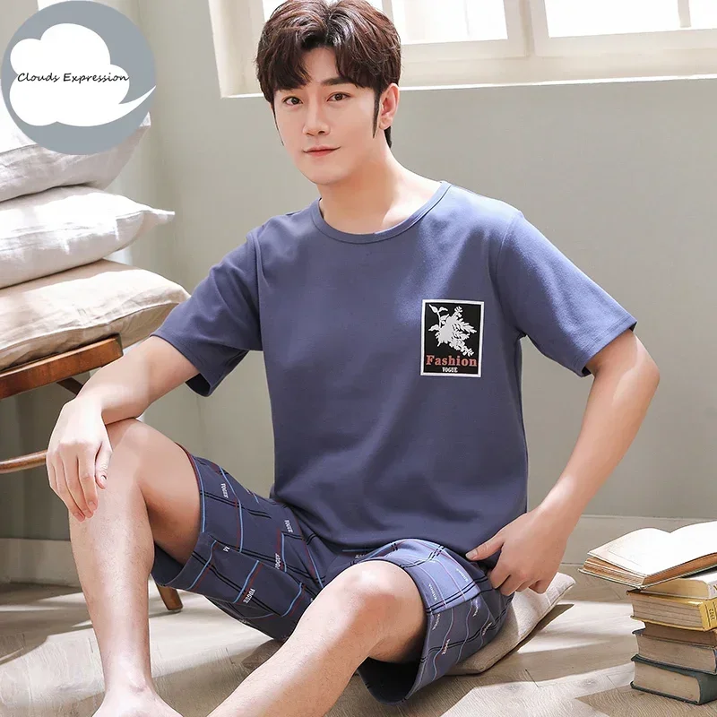 Summer Knitted Cotton Short Sleeved Men's Pajamas Sets Male Pajama Set Letter Pajama For Men Sleepwear Suit Homewear Size xXXXL - Image 2