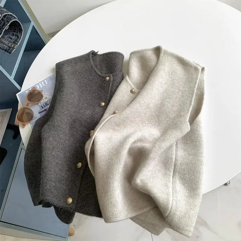 Crew Neck Women's Korean Solid Button Short Sleeve Cardigan Coats Sweater Knitted Sleeveless Ladies Elegant Tanks Bottoming - Image 3