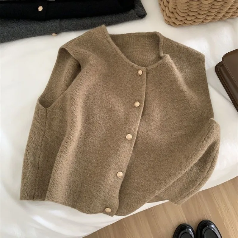 Crew Neck Women's Korean Solid Button Short Sleeve Cardigan Coats Sweater Knitted Sleeveless Ladies Elegant Tanks Bottoming - Image 5