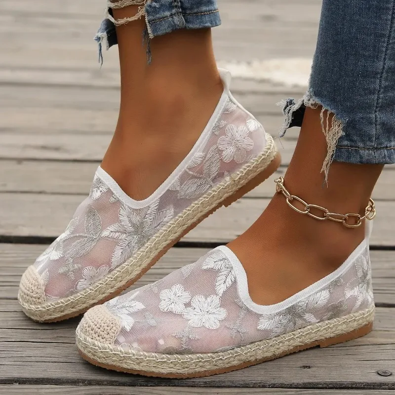 Large Size Single Shoe Women's 2024 Summer New Lace Mesh Hollowed Out Women's Flat Bottomed Fisherman's Shoes flat shoes women - Image 4