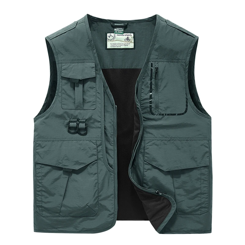 2024 Men Spring Sleeveless Many Pocket Stand Collar Vest Jackets Men Solid Color Outdoors Fishing Cargo Casual Vest Jackets Male - Image 2
