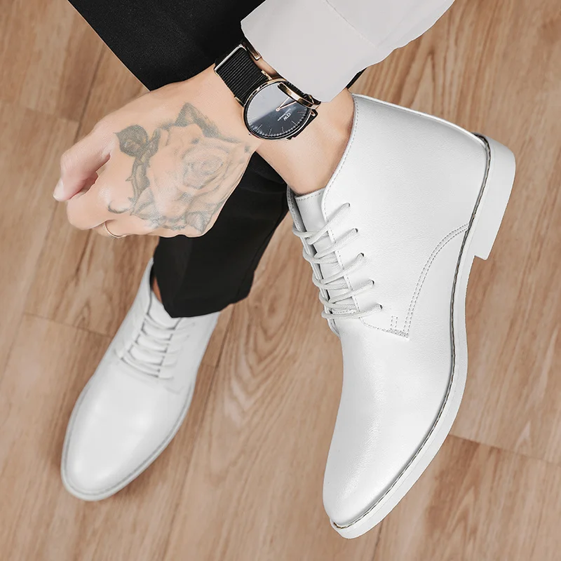 2023 New High-top Men's Casual Leather Shoes Classic White Business Men's Derby Shoes Fashion Pointed toe Dress Shoes Men Oxford - Image 4