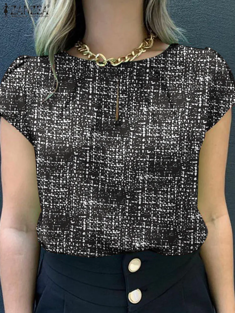 ZANZEA Summer Fashion Printed Blouse Woman Short Sleeve O-Neck Tops Casual Party Chemise Female Elegant OL Office Shirt 2024 - Image 2