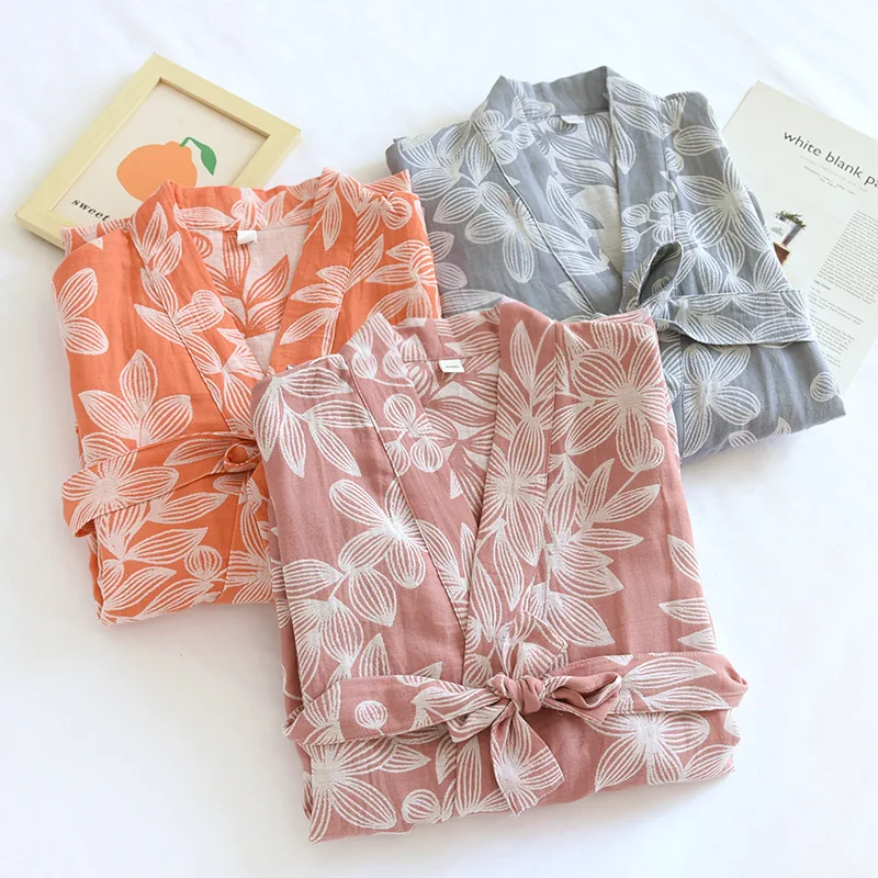 Women's Pure Cotton Gauze Pajamas Thin Jacquard Bathrobes Autumn Long Sleeve Japanese Kimono Robe Loose and Casual Home Wear - Image 2