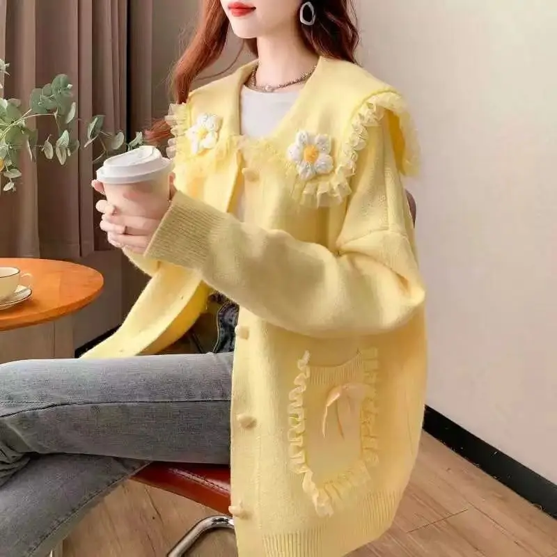 Sweet Peter Pan Collar Pockets Bow Lace Cardigan Sweaters Female Clothing 2024 Autumn Winter New Loose Knitted Young Style Tops - Image 4
