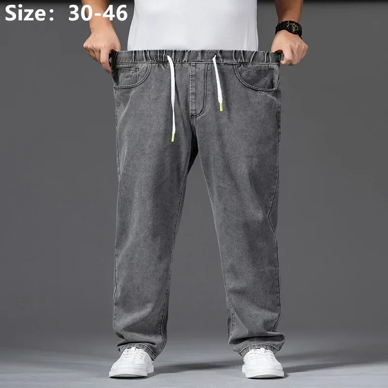 Thick Jeans Wide Leg For Men Autumn Straight 140KG Stretched Gray Denim Trousers Elastic Waist Plus Size 42 44 46 Male Pants - Image 2