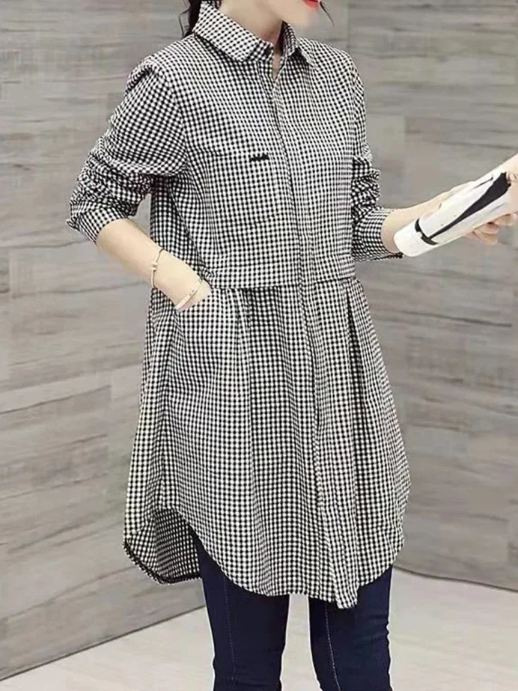 New Korean Fashion Blouses Plaid Button Solid Midi Autumn Shirt Female Plus Size All-match Loose Long Sleeve Polo-Neck Blouse - Image 3