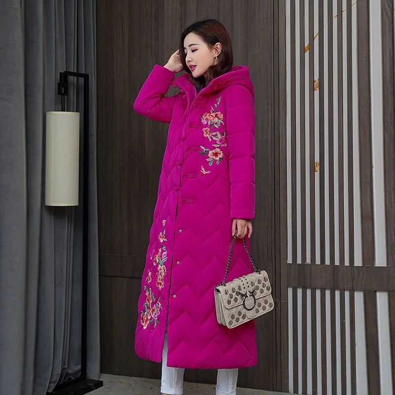 Winter Down Cotton Padded Women Chinese National Style Embroidered Long Outwear Thickened Warm Hooded Parka Coat Female - Image 2