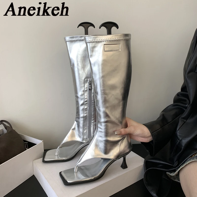 Aneikeh 2025 Sexy PU Square Head Clip Toe Sandals Boots Women's Thin Heel Side Zipper Sewing Chelsea Knee High Boots Party Ball - Image 3