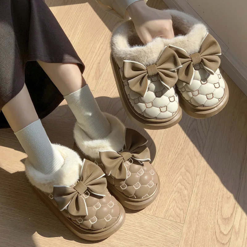 Winter Women Snow Boots Cute Bow Cotton Shoes Waterproof Down Short Barrel Ankle Boots Home Comfort Thick Soled Plush Boots - Image 4