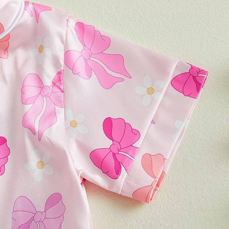 Summer Pajamas Set Bow Print Lapel Short Sleeve Button Down Tops with Shorts Kids Satin 2 Pieces Sleepwear - Image 5