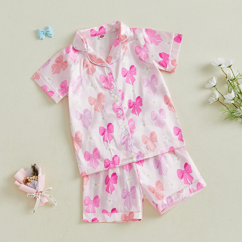 Summer Pajamas Set Bow Print Lapel Short Sleeve Button Down Tops with Shorts Kids Satin 2 Pieces Sleepwear - Image 2