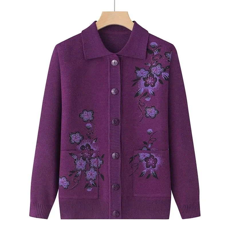 Spring Autumn Long-Sleeve Sweater Women Cardigan Coat New Print Middle-Aged Elderly Knitted Bottoming Shirt Female Tops Jacket - Image 5
