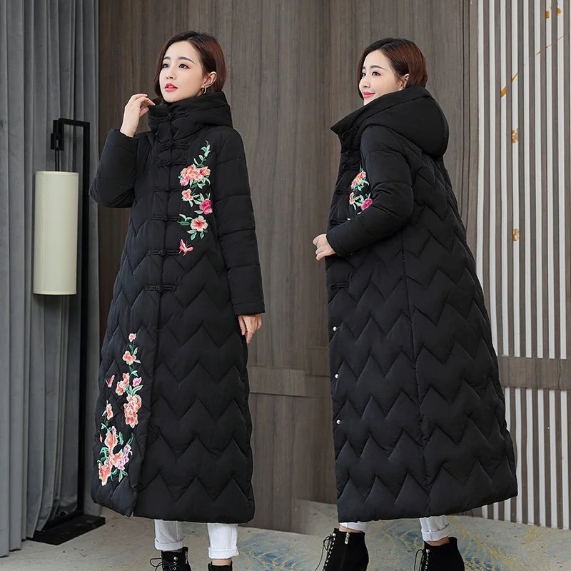 Winter Down Cotton Padded Women Chinese National Style Embroidered Long Outwear Thickened Warm Hooded Parka Coat Female - Image 6