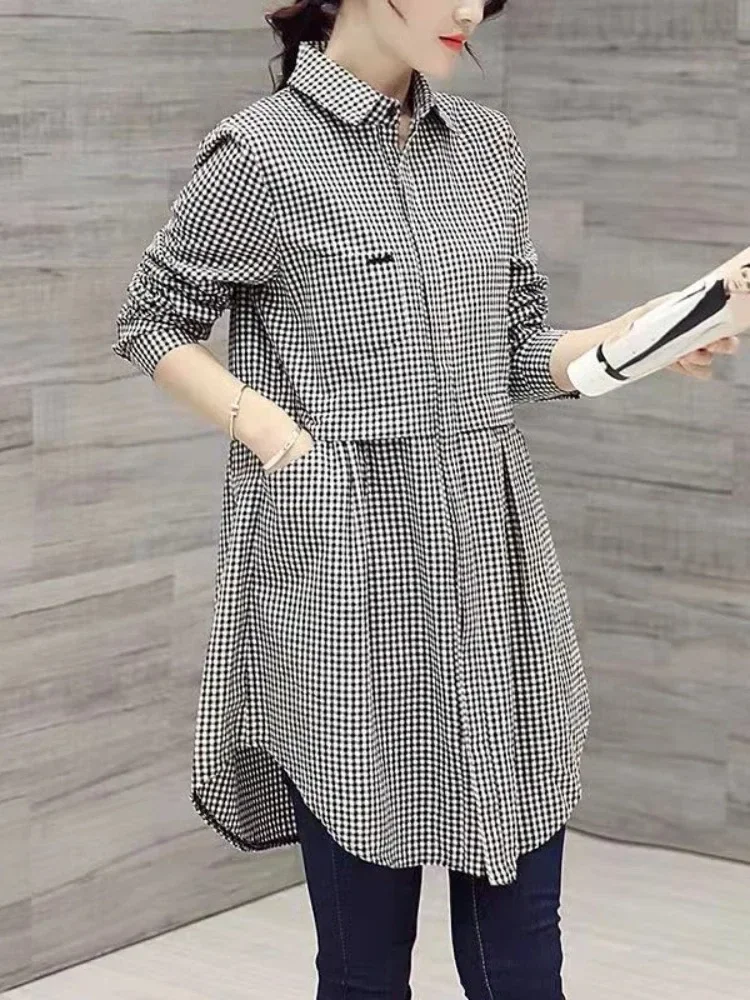 New Korean Fashion Blouses Plaid Button Solid Midi Autumn Shirt Female Plus Size All-match Loose Long Sleeve Polo-Neck Blouse - Image 5