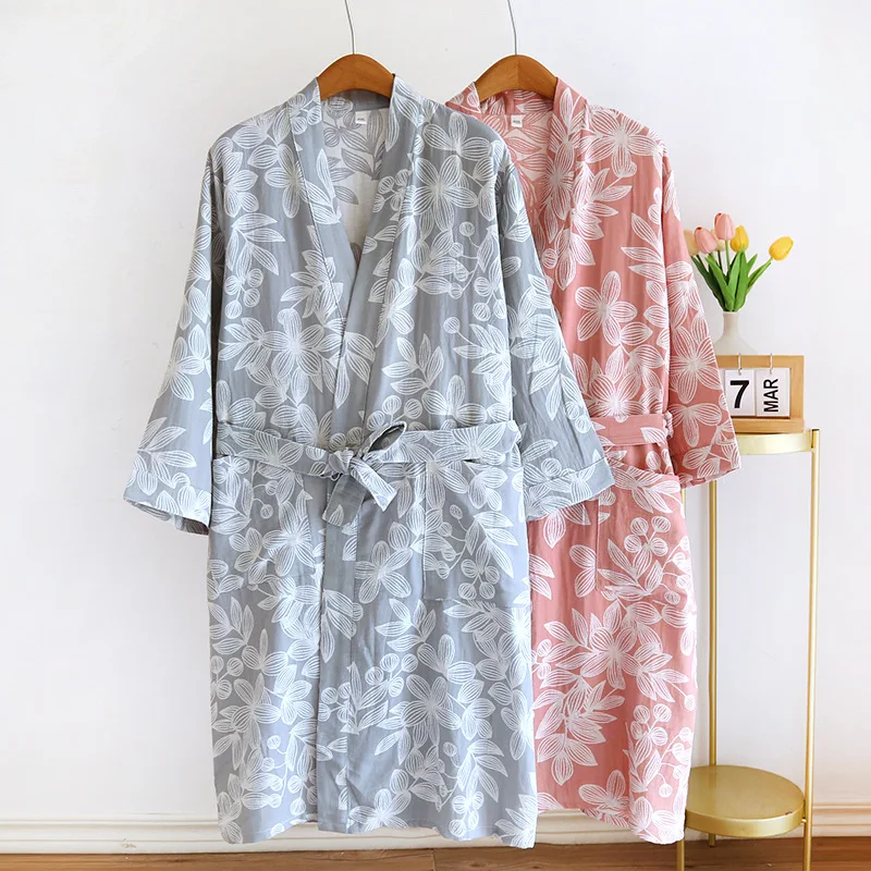 Women's Pure Cotton Gauze Pajamas Thin Jacquard Bathrobes Autumn Long Sleeve Japanese Kimono Robe Loose and Casual Home Wear - Image 6