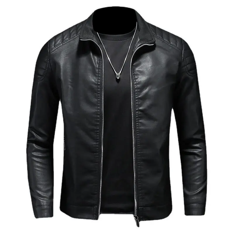 2024 Moto Pu Leather Jacket Men Winter Leahter Jacket Male Stand Collar Casual Windbreaker Trendy Mens Clothing Black Blue - Image 6