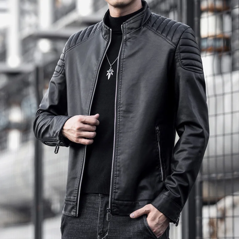 2024 Moto Pu Leather Jacket Men Winter Leahter Jacket Male Stand Collar Casual Windbreaker Trendy Mens Clothing Black Blue - Image 2