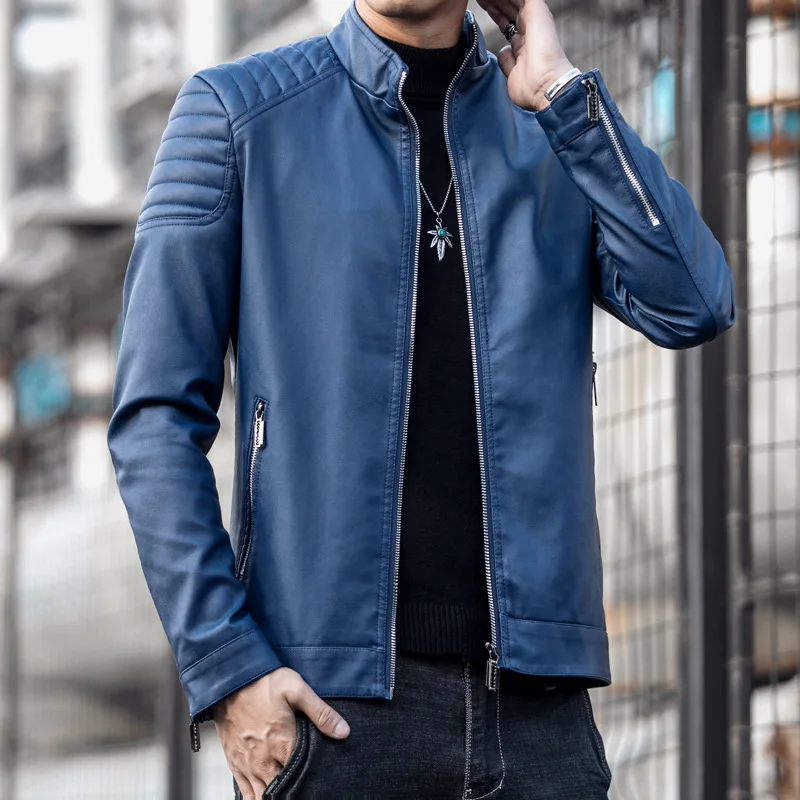 2024 Moto Pu Leather Jacket Men Winter Leahter Jacket Male Stand Collar Casual Windbreaker Trendy Mens Clothing Black Blue - Image 3