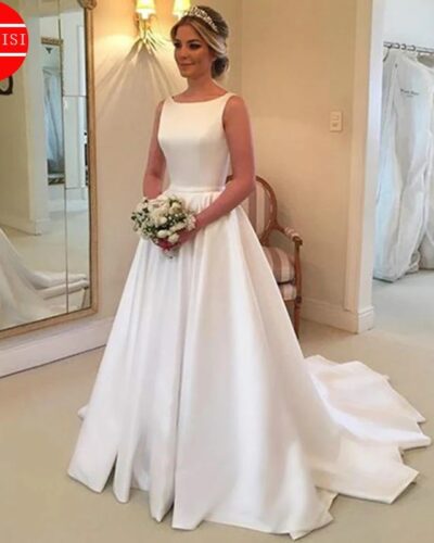 White Satin A-Line Wedding Dress – Scoop Neck Backless Bridal Gown with Sweep Train