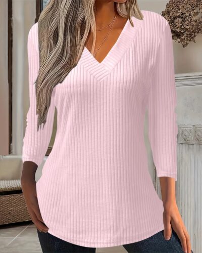 Women’s Ribbed V-Neck Long Sleeve T-Shirt – Autumn/Winter Slim Fit Casual Top