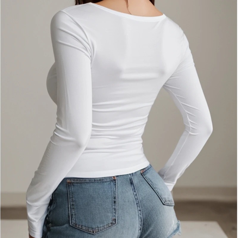 Women’s Square-Cut Collar Long Sleeve Slim Fit Top – Pleated Front & Back Tee for Autumn Winter 2025 - Image 7