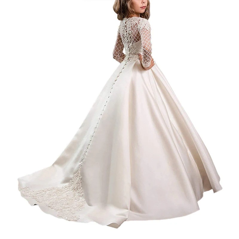 Long Sleeve Children Wedding Dress | Satin Lace Princess First Holy Communion Party Dress for Girls 3–12 Years - Image 4