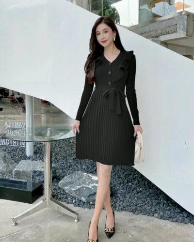 Anteef Knitted Vintage Pleated Midi Dress for Women | Long Sleeve Casual Spring Autumn Sweater Dress