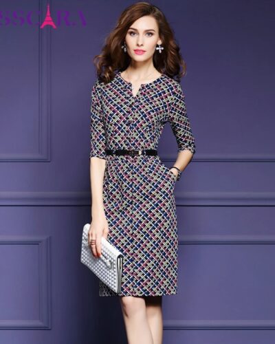TESSCARA Plaid Pencil Dress for Women | Elegant Autumn Office Work Wear Retro Dress