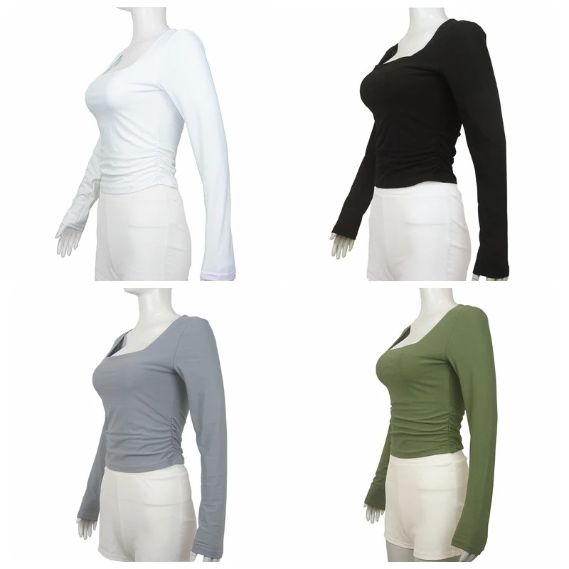 Women’s Square-Cut Collar Long Sleeve Slim Fit Top – Pleated Front & Back Tee for Autumn Winter 2025 - Image 6