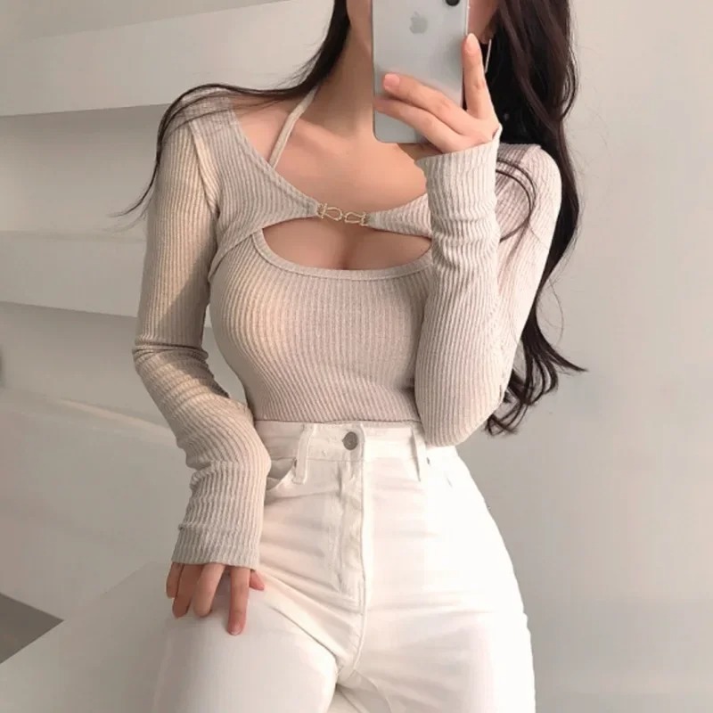 Women's Sexy Tank Top Cropped Inner & Strapless Long Sleeve Cover-Up 2-Piece Summer Set - Image 6