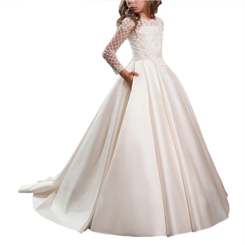 Long Sleeve Children Wedding Dress | Satin Lace Princess First Holy Communion Party Dress for Girls 3–12 Years - Image 5
