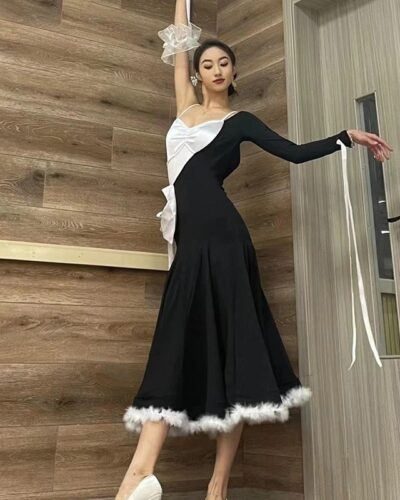 Women Ballroom Dance Competition Dress | Black White Single Sleeve Waltz Modern Dance Practice Outfit DN14724