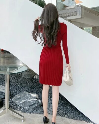 Anteef Women’s Long Sleeve Knitted Pleated Midi Dress – Vintage Elegant Sweater Dress