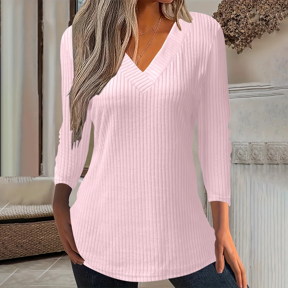 Women’s Ribbed V-Neck Long Sleeve T-Shirt – Autumn/Winter Slim Fit Casual Top - Image 2