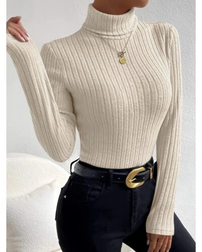 Plus Size Women’s Ribbed Knit Turtleneck Sweater 1XL–5XL – Long Sleeve Light Gray Slim Fit Pullover