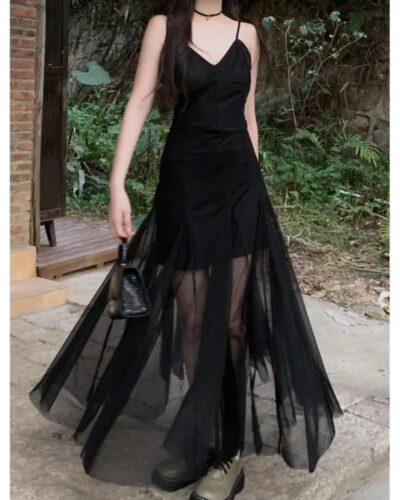 French Style Vintage Evening Dress for Women – Spaghetti Strap Mesh Patchwork V-Neck Split Black Slim Party Dress