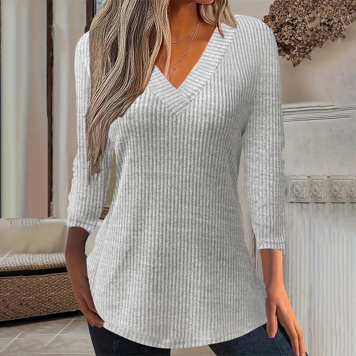 Women’s Ribbed V-Neck Long Sleeve T-Shirt – Autumn/Winter Slim Fit Casual Top - Image 4