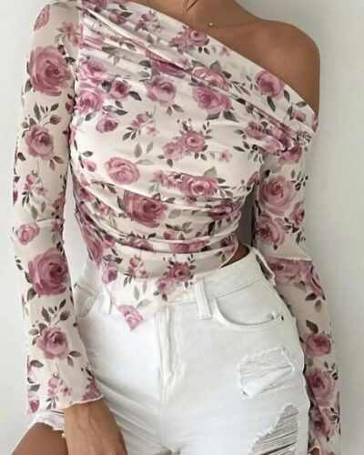 Spring & Autumn Women’s Elegant Floral Print Long Sleeve T-Shirt – Irregular Hem Top