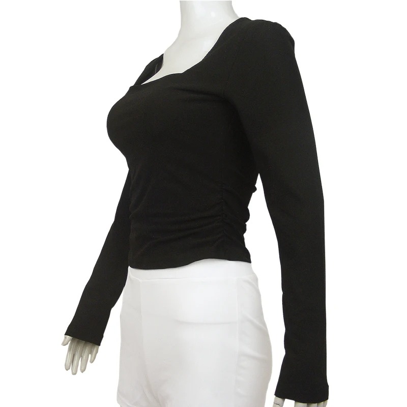 Women’s Square-Cut Collar Long Sleeve Slim Fit Top – Pleated Front & Back Tee for Autumn Winter 2025 - Image 4