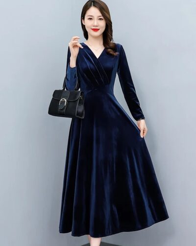 2024 Vintage Women Velvet Midi Dress Long Sleeve Elegant Bodycon Party Night Autumn Winter Dress